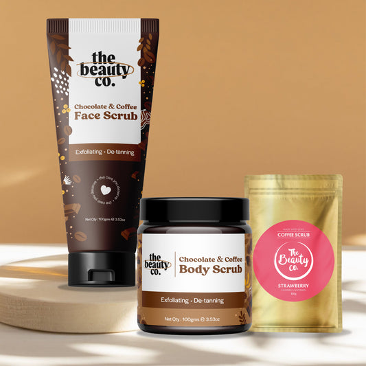 Choco Coffee Exfoliating Combo | Chocolate Coffee Face Scrub and Chocolate Coffee Body Scrub + Strawberry Coffee Body Scrub