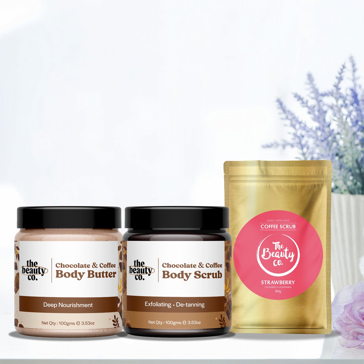 Choco Coffee Detan Bundle | Chocolate Coffee Body Scrub and Chocolate Coffee Body Butter + Strawberry Coffee Body Scrub